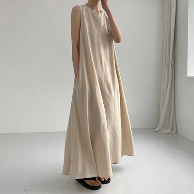 REALEFT Summer Women Maxi Dress 2024 New Solid Color Elegant Pockets Loose Waist Sleeveless Casual Summer Dresses Female