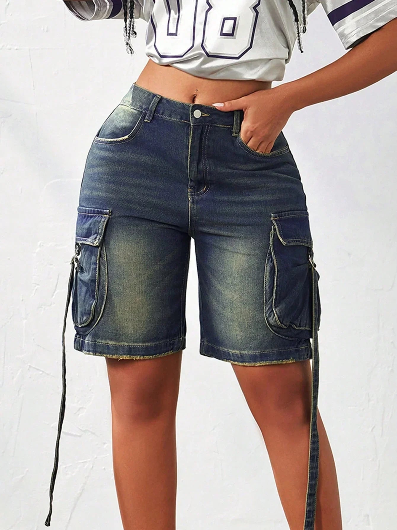 Summer Women Cargo Shorts with Pockets Daily Wear Cat Whiskered Ribbon Highstreet Y2K 90s Casual Hip Pop Bermuda Loose Jorts