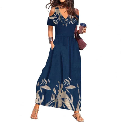 Women Summer Dress Flower Print Hollow Out Short Sleeves V Neck Dress-up Pleated Off Shoulder Soft Maxi Dress Women Clothes