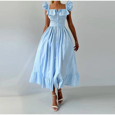 Ruffle Dress Women Fashion Backless A Line Slim Waist Striped Robe Female Flying Sleeves Buttons 2025 Summer Elegant Streetwear