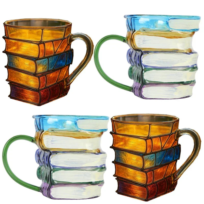 Painted Book Mug 3D Colored Glass Book Coffee Mug Novelty Unique Books Stack Coffee Cup Gifts For Literature Book Lovers
