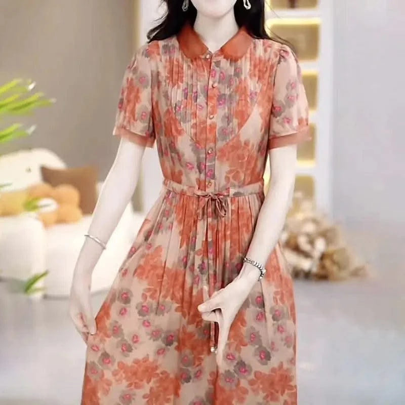 Floral Chiffon Dress for Women in Summer New Fashion Waist-hugging and High-end Temperament Long Skirt Covering Belly Over Knees