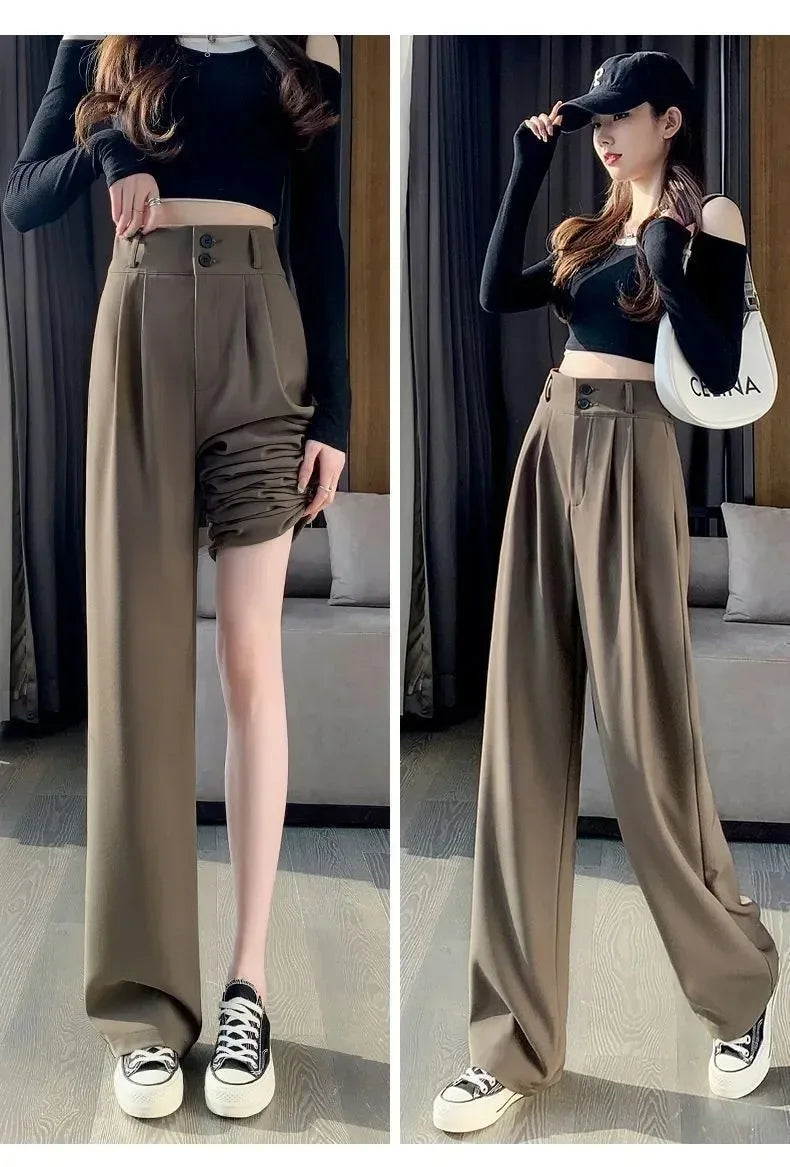 Elegant Wide Leg Pants Women Korean Style High Waist Black Baggy Pants Office Ladies Fashion Loose Suit Trousers Streetwear
