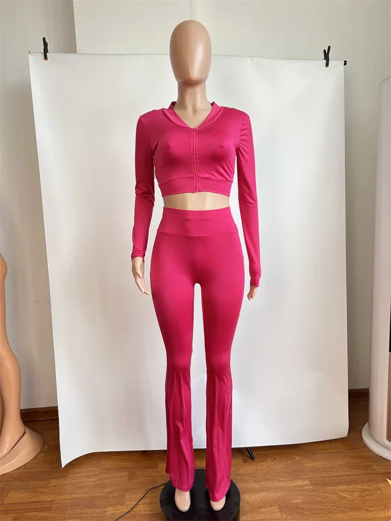 2024 Autumn Solid Women Tracksuits Slim 3 Piece Sets Tank Crop Tops + Zipper Long Sleeve Jackets + High Waist Flare Pants Suits