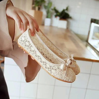 Women Fashion Lace Slip On Cut Outs Bow Ballet Breathable Flats Shoes