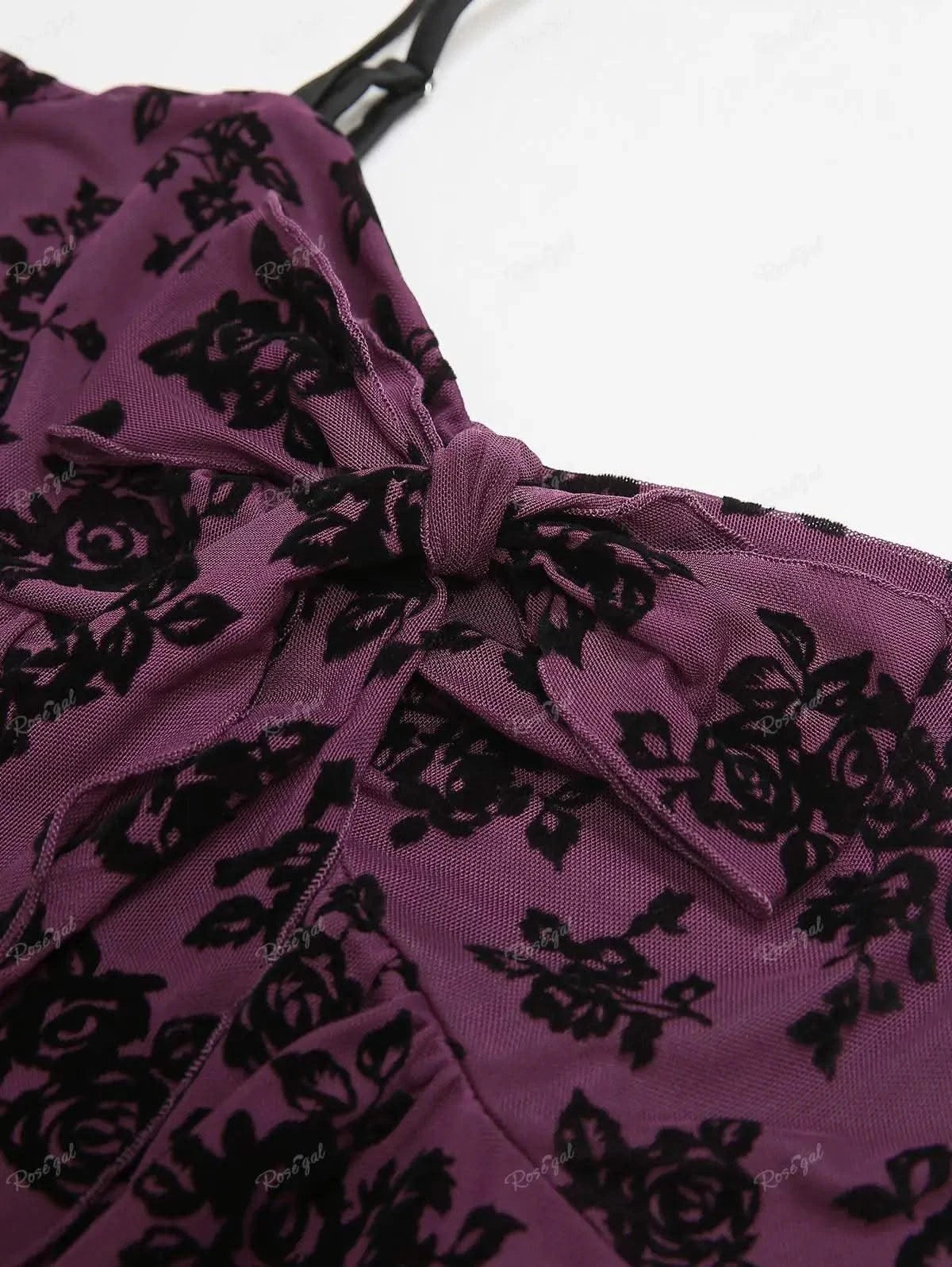ROSEGAL Plus Size Gothic Camis Top for Women, Floral Mesh, Flocking Bowknot, Tied Asymmetric Top, Adjustable Shoulder Strap Vest