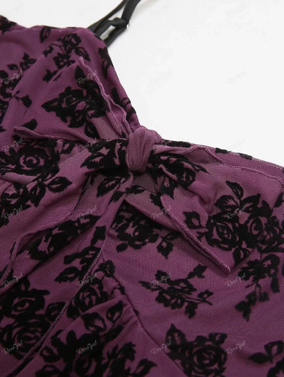 ROSEGAL Plus Size Gothic Camis Top for Women, Floral Mesh, Flocking Bowknot, Tied Asymmetric Top, Adjustable Shoulder Strap Vest