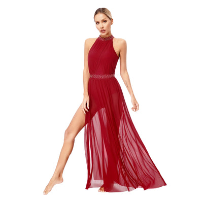 Women Lyrical Contemporary Ballroom Modern Dance Costume Dancing Prom Gown Side Split Maxi Dress for Ballet Gymnastics Skating