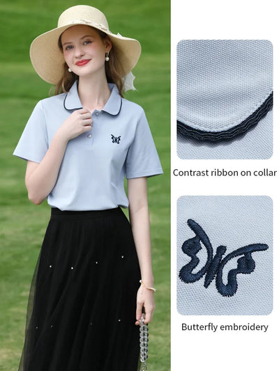 I BELIEVE YOU Blue Polo Collar T-shirt Top for Women Summer 2025 Butterfly Embroidered Breathable Short Sleeve Tees 2252015969