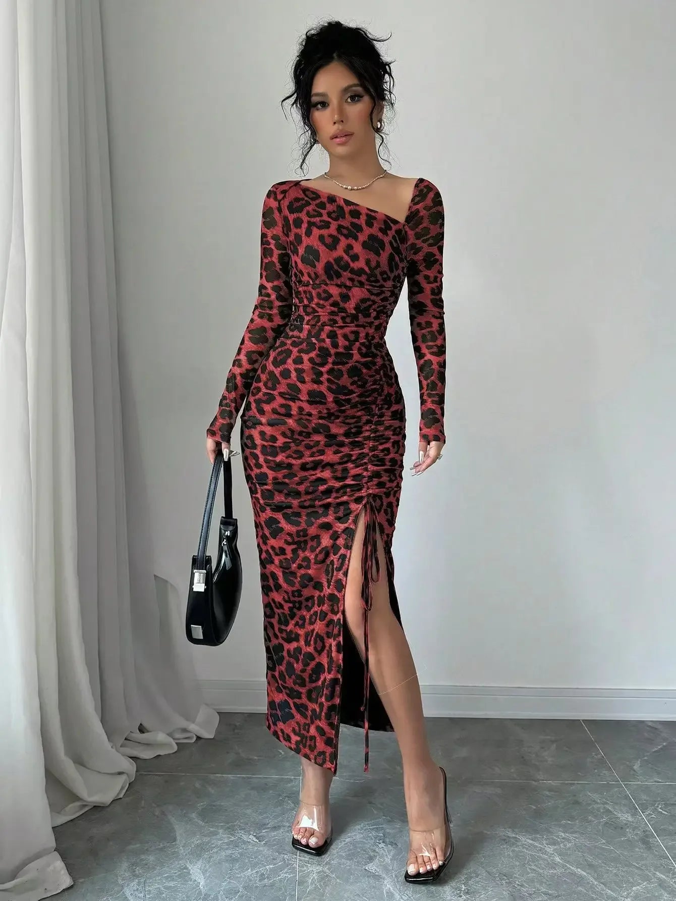 Sexy Leopard Print Women's Dresses Fashion Ruffled Sexy Slit Party Dress For Women Spring Summer  Bodycon Package hip Vestidos