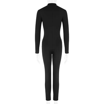 Women New Jumpsuits Spring Fashion Streetwear Long Sleeves Half High Collar Bodycon Striped Rompers Black Sexy Female Jumpsuits