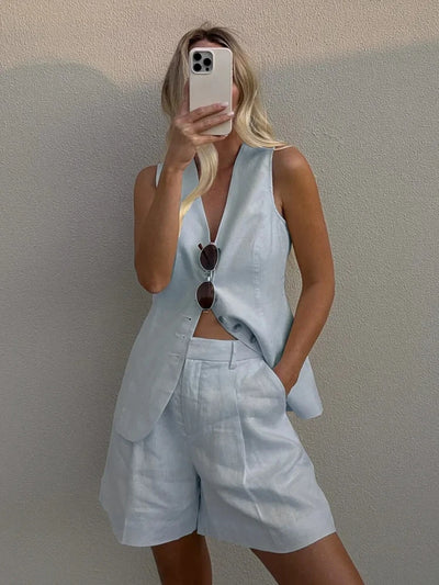 Cotton and Linen Chic Casual Vest Shorts Set Women Summer New Fashion Commuter Sleeveless Single Breasted Tank Top Shorts Suits