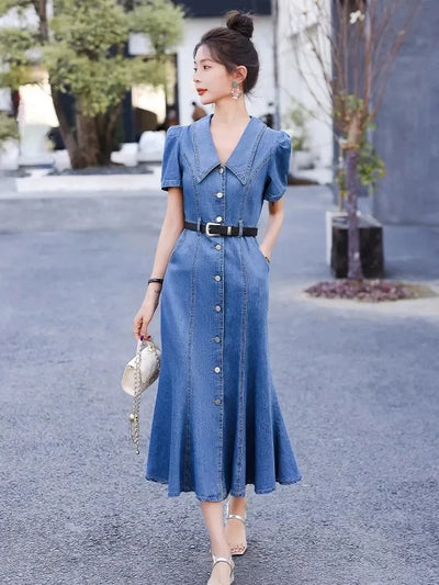 Denim Dress Women 2025 Spring Summer New Temperament Waist Fashion Fishtail Skirt Female Single Breasted Long Slim Dresses