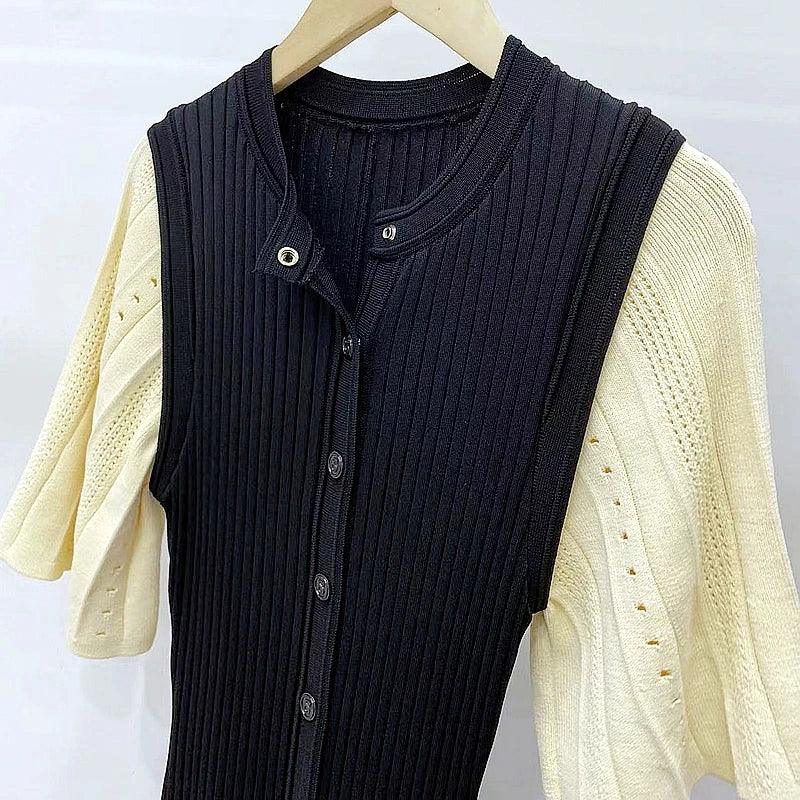 Classic Style Single Breasted Knitted Women Midi Dress O Neck Short Sleeve Hollow Out Spliced Lady Fishtail Dress