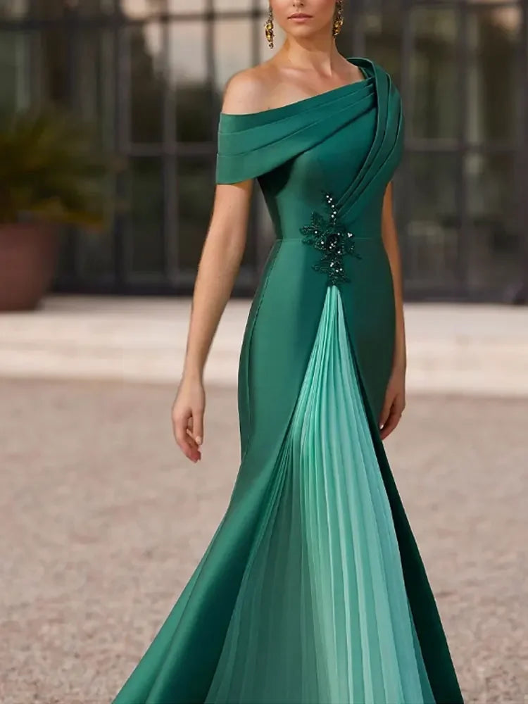 Elegant Dress Evening Gown Wedding Floor Length Short Sleeve One Shoulder Mother Of the Bride Dress Satin with Slit Appliques
