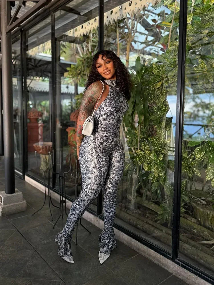 kliou Attractive Y2K Women Jumpsuits Fashion Print Halter Backless High Collar Off Shoulder Overalls Female Midnight Clubwear