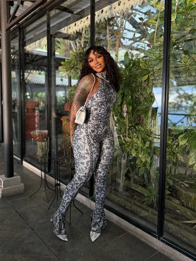 kliou Attractive Y2K Women Jumpsuits Fashion Print Halter Backless High Collar Off Shoulder Overalls Female Midnight Clubwear