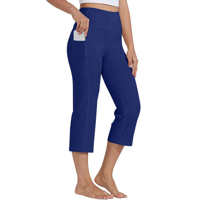 Women  Elastic High Waist 3/4 Pant Casual Active  Fit Wide Capris Leg Pants Trousers With Pockets Pants Woman брюки женские