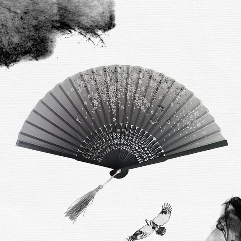 Hand Folding Fan BambooSilk Chinese Fan Hand Women Black Fan Summer Female Dance Hand Folding Fan Party Gift Hand Fans For Women