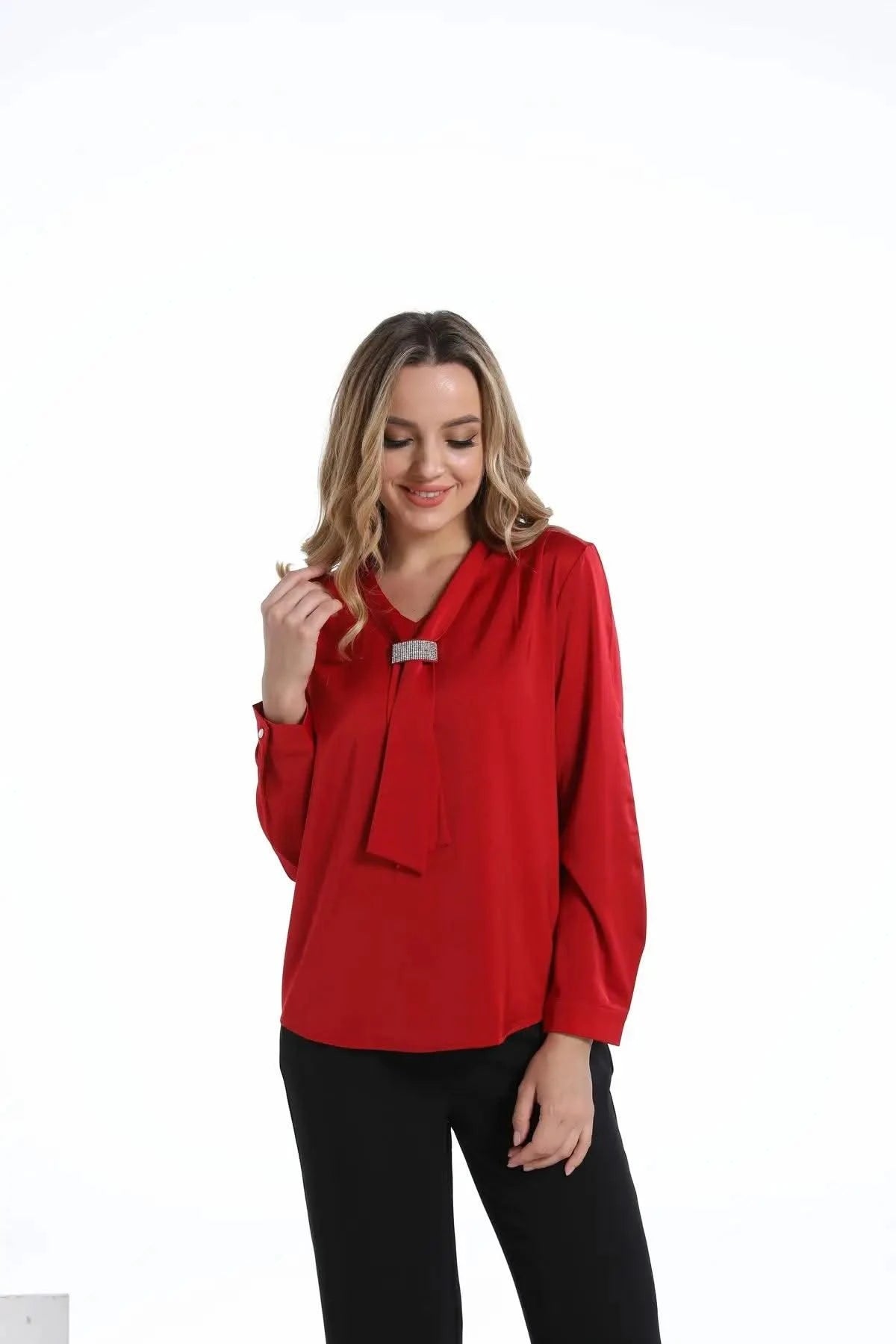 Red Women Blouse Ribbon Women Shirt Luxury Woman Top