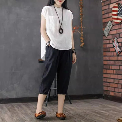 Artistic Style Cotton Linen Short Sleeves Shirt for Women Summer Solid Loose Stand Collar Temperament Top Fashion Women Clothing