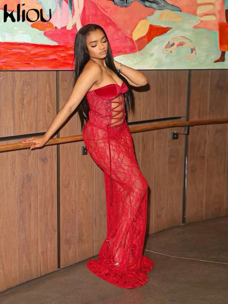 kliou Lace Patchwork Women Maxi Dress Sexy Coquette Drawstring Wrapped Chest Body-shaping Vestidos Female Stunning Clubwear Robe