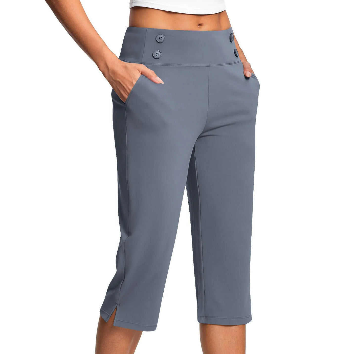 Women Elastic High Waist 3/4 Pant Casual Active Fit Wide Capris Leg Pants Trousers With Pockets Pants Woman брюки женские
