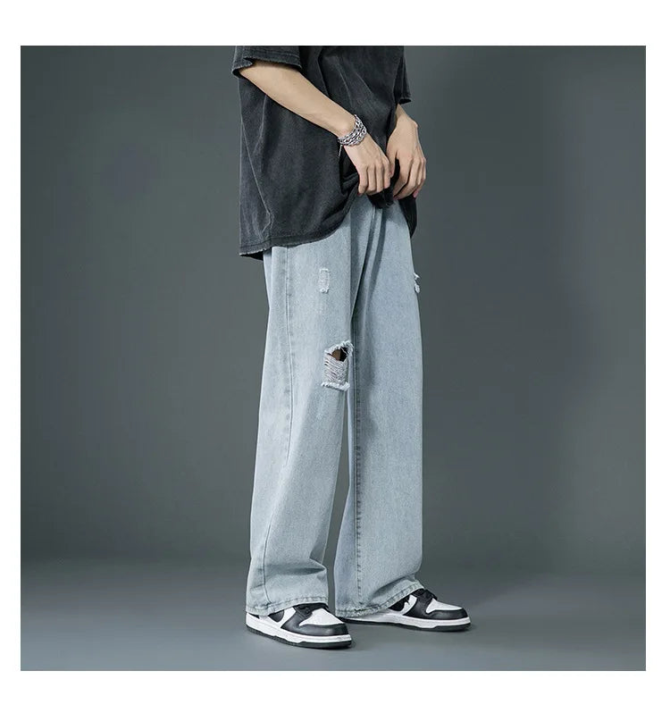 Ripped Jeans Men Ins Trendy Straight Leg Loose Wide Leg Pants High Waist Floor Mopping Denim Pants Versatile Casual Pants Men's