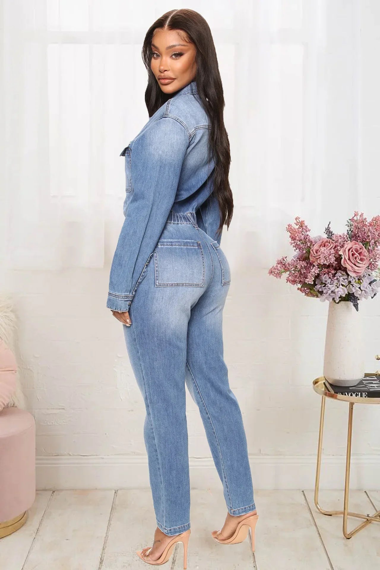 Women Jeans Jumpsuits Single Breasted Solid Denim Washing Overalls Pockets High Street Button Pencil Pants Ankle Length