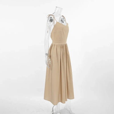 Cotton Linen Solid Color Spaghetti Strap Dresses Women Fashion Leace-up V-neck Backless Beach Vacation Long Dress Female New