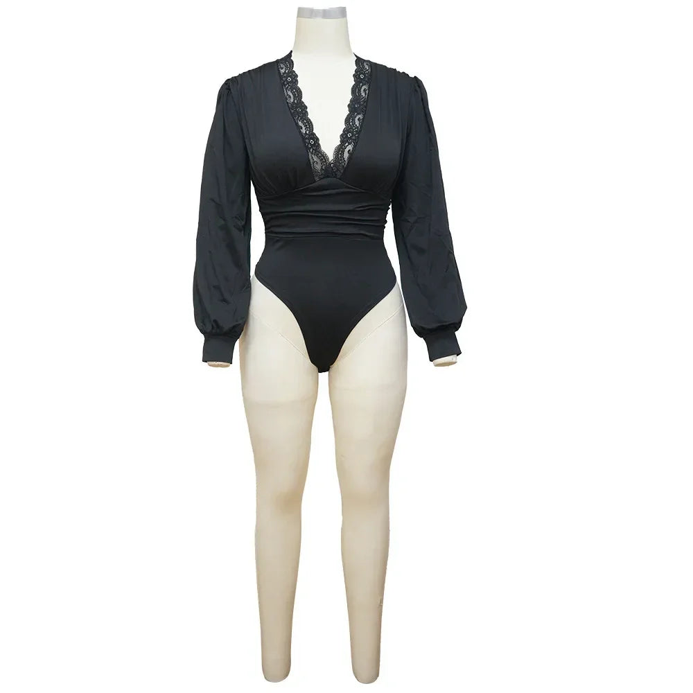 Sexy Lace Applique Long Sleeve Women Bodysuit Mesh Bodysuits Deep V Neck Backless Leotard Tops Female Basic Tops