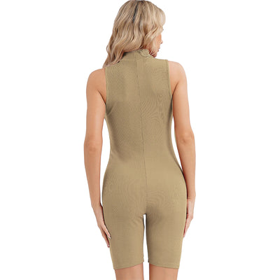 Womens Athletic Tank Bodysuit Sleeveless Front Half Zip Shorts Jumpsuit Leotard Gym Yoga Workout Cycling Sportswear Swimsuit