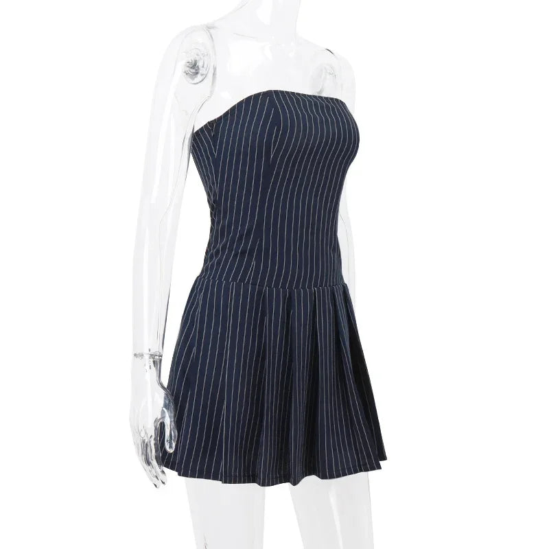 WhereMery Korean Women Fashion A-line Dress Y2K Sleeveless Slash-neck Pleated Stripe Dresses Spring Summer Elegant Slim Vestidos