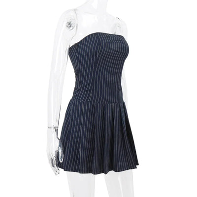 WhereMery Korean Women Fashion A-line Dress Y2K Sleeveless Slash-neck Pleated Stripe Dresses Spring Summer Elegant Slim Vestidos