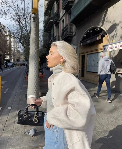 Woman's Oversized Bomber Jacket Autumn New Round Neck Long Sleeve Pocket Hidden Button Loose Jackets Coat Female Outerwear