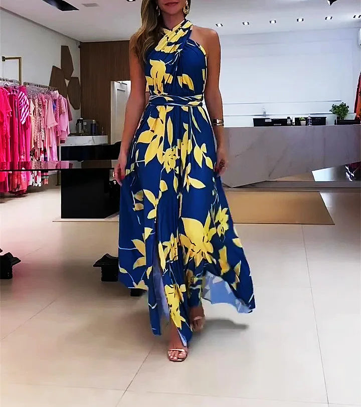 Women's Dress New Summer Printing Boho Robe Hanging Neck High Waist Split Sexy Dress Long Dresses Woman Clothing Party Dresses