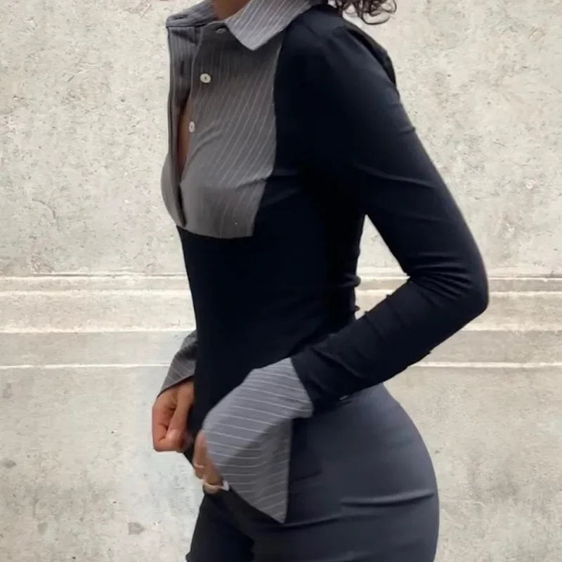 New Women Striped POLO Collar Retro Sexy Spicy Girl Long Sleeved Top Female Clothes 2024 Summer Women's Fashion Skinny T-shirt