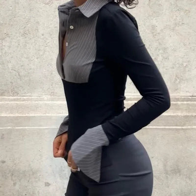 New Women Striped POLO Collar Retro Sexy Spicy Girl Long Sleeved Top Female Clothes 2024 Summer Women's Fashion Skinny T-shirt