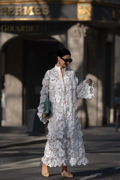 Women's Dress Handmade 3D Embroidered Hollow Design Dress Pure White Dress Elegant Evening Dress Commuter Dress