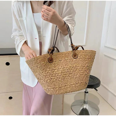 Designer Bohemian Chic Shoulder Bag,Solid Color Large Capacity Straw Woven Tote Bag,Nature-Inspired Beach Vacation Women Handbag