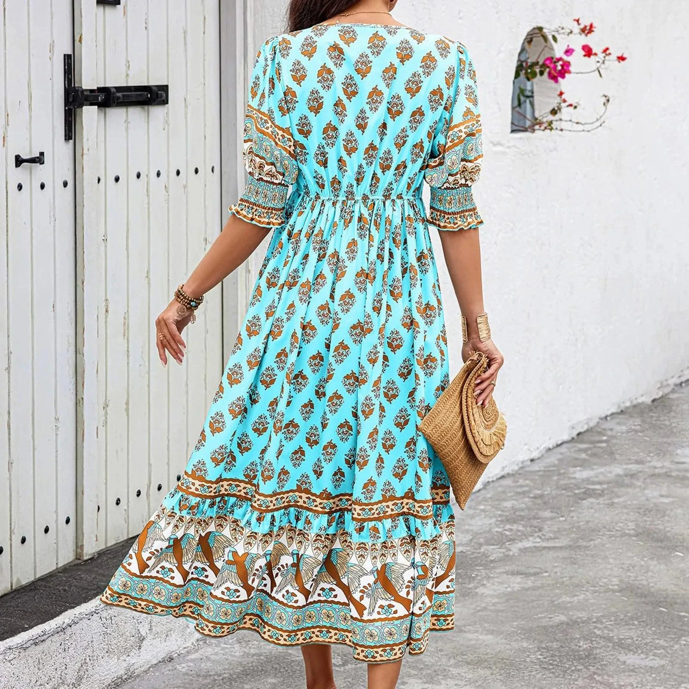 dresses for women Fashion summer Casual long dresses Bohemian V-Neck Printed High Waisted Big Swing Dress vestidos cortos