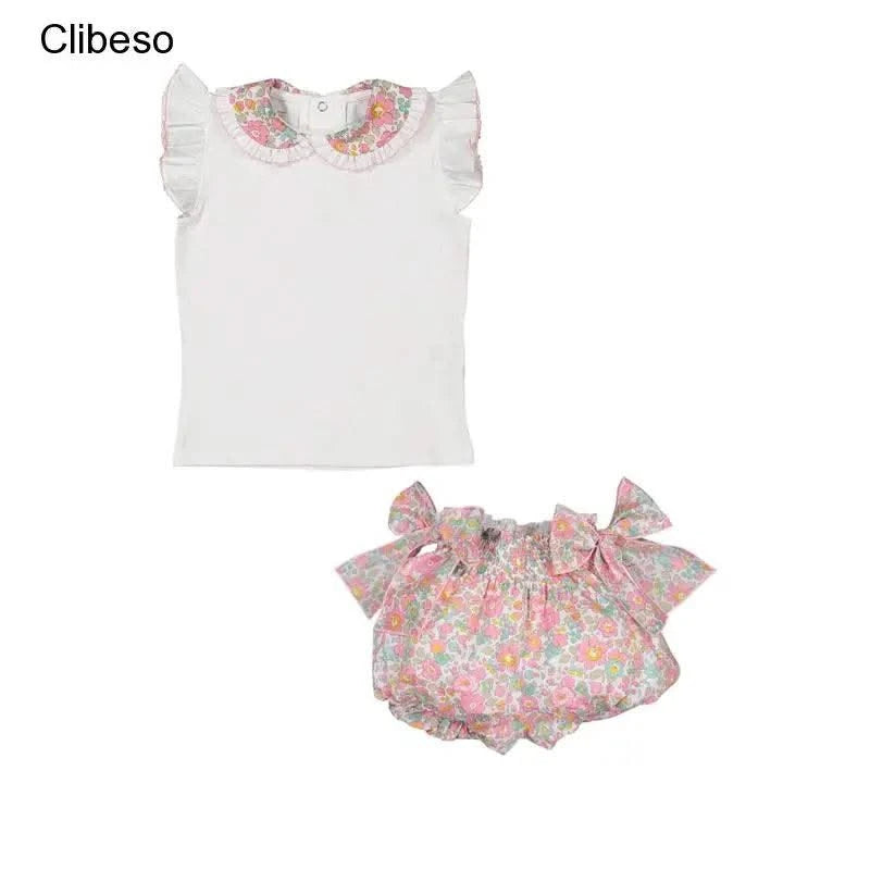 Summer Clothes Set for Baby Girls Kids Kawaii Vest Tops and Floral Printed Butt Pants Children Korean Style Casual Playwear