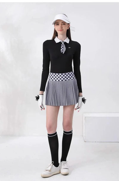 Women's Golfwear for Spring/Autumn Slim-Fit Long-Sleeve Top with Polo Collar and Bow Tie, High-End Golf Hundred-Pleat Skirt Suit