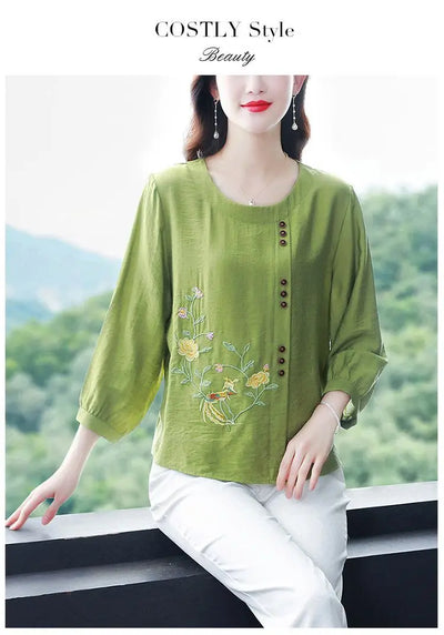 Summer Cotton Linen Embroidery Loose Casual Blouse Lady 3/4 Sleeve Vintage All-match Top Women Fashion Oversized Elegant Shirt