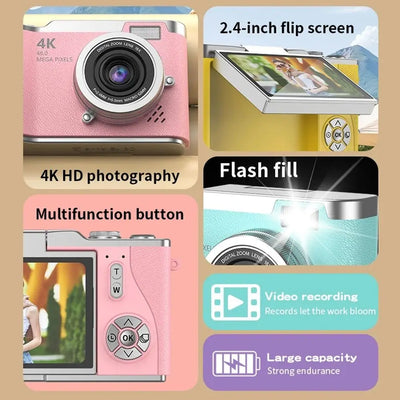 High-Definition HD Digital Camera 4K 48MP 8X Digital Zoom Video Camcorder CCD with Hanging Straps Flip Screen
