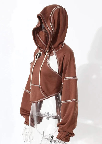 Women Hooded Sweatshirt Color Clashing Bright Line Short Top Ladies Fashion Layering Hoodie Long Sleeved tops New
