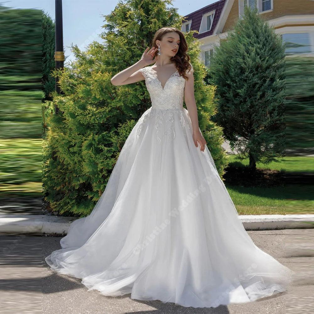 Elegant Lace Print Women Wedding Dresses Sexy V-Neck Sleeveles A-Line Bridal Gowns Modern Mopping Length Vestidos De Novias 2025