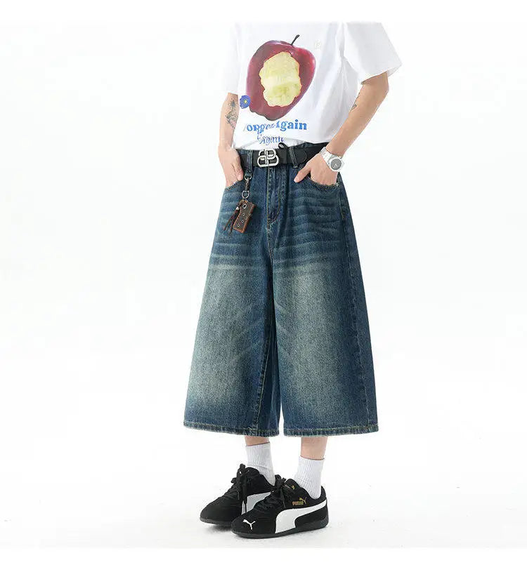 Trendy High-Waisted Wide-Leg Cropped Jeans for Men 2025 Summer Casual Stretch Denim Capri Pants Comfort Fit & Stylish Outfit 8XL