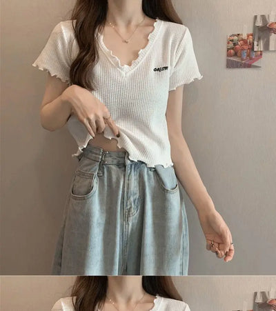 Oversized Summer Short Sleeve T-shirt Women's Foreign Style Versatile Slim Knitted Top Underlay