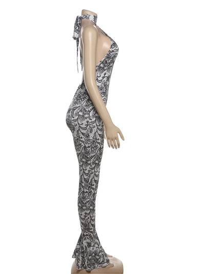 kliou Attractive Y2K Women Jumpsuits Fashion Print Halter Backless High Collar Off Shoulder Overalls Female Midnight Clubwear